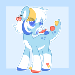 Size: 3000x3000 | Tagged: safe, artist:dreamyeevee, oc, oc only, oc:toy box, pony, abstract background, coat markings, colored hooves, colored pinnae, colored pupils, dinosaur tail, ear tag, eye clipping through hair, facial markings, freckles, happy, heart, heart mark, high res, markings, mealy mouth (coat marking), open mouth, open smile, pale belly, smiling, socks (coat markings), solo