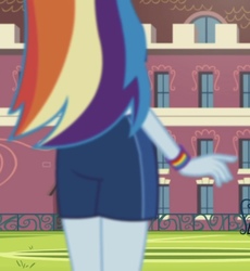 Size: 762x828 | Tagged: safe, screencap, rainbow dash, equestria girls, g4, my little pony equestria girls: choose your own ending, sock it to me, sock it to me: rarity, ass, butt, clothes, cropped, female, legs, rainbutt dash, shorts, solo