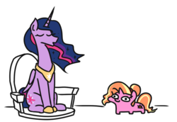 Size: 680x467 | Tagged: safe, artist:jargon scott, luster dawn, twilight sparkle, alicorn, pony, unicorn, g4, the last problem, callback, irony, lustie, older, older twilight, older twilight sparkle (alicorn), princess twilight 2.0, simple background, smol, squatpony, the ride never ends, the tables have turned, tol, twiggie, twiggie 2.0, twilight sparkle (alicorn), white background, woonoggles