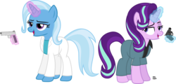 Size: 2870x1381 | Tagged: safe, artist:anime-equestria, starlight glimmer, trixie, pony, unicorn, g4, .38 special, 80s, clothes, colt detective special, detective, duo, gun, handgun, happy, jacket, m1911, magic, miami vice, revolver, shirt, simple background, suit, telekinesis, transparent background, vector, weapon