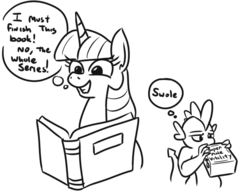 Size: 609x475 | Tagged: safe, artist:jargon scott, spike, twilight sparkle, alicorn, dragon, pony, g4, black and white, book, dialogue, drinking, female, grayscale, male, mare, meme, monochrome, ponified meme, reading, simple background, super male vitality, swol, swole, twilight sparkle (alicorn), white background