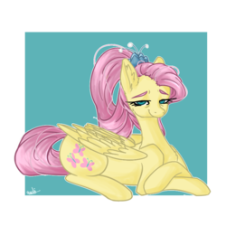 Size: 768x768 | Tagged: safe, artist:elisamk, fluttershy, pegasus, pony, g4, the last problem, crossed hooves, cute, ear fluff, female, folded wings, lidded eyes, looking at you, mare, older, older fluttershy, ponytail, prone, shyabetes, smiling, solo, wings