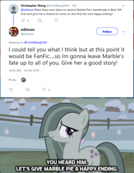 Size: 645x837 | Tagged: safe, marble pie, earth pony, pony, g4, my little pony best gift ever, season 10, answer, encouragement, episode idea, fanfic idea, female, hope, mare, message, meta, mike vogel, question, response, text, twitter
