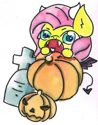 Size: 1629x2079 | Tagged: safe, artist:mashiromiku, fluttershy, pony, g4, fangs, female, halloween, holiday, jack-o-lantern, open mouth, pumpkin, solo, traditional art, watercolor painting