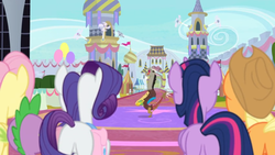 Size: 1366x768 | Tagged: safe, screencap, applejack, discord, fluttershy, rarity, spike, twilight sparkle, alicorn, dragon, pony, g4, the ending of the end, balloon, butt, electric fan, flag, pain, plot, tower, twilight sparkle (alicorn), winged spike, wings