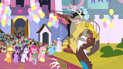 Size: 1366x768 | Tagged: safe, screencap, applejack, discord, fluttershy, pinkie pie, rainbow dash, rarity, spike, twilight sparkle, alicorn, dragon, pony, g4, the ending of the end, ashamed, balloon, covering eyes, cupcake, exhausted, flying, food, frazzled, mane six, shame, shocked, stairs, tired, twilight sparkle (alicorn), unamused, winged spike, wings