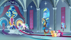 Size: 1366x768 | Tagged: safe, screencap, applejack, discord, fluttershy, pinkie pie, princess luna, rainbow dash, rarity, spike, twilight sparkle, alicorn, dragon, pony, g4, the ending of the end, banner, carpet, crown, curtains, flying, jewelry, mane six, peytral, regalia, stained glass, throne, throne room, twilight sparkle (alicorn), upset, winged spike, wings