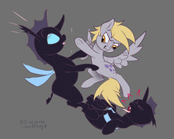 Size: 1444x1157 | Tagged: safe, artist:xbi, derpy hooves, changeling, pegasus, pony, g4, 30 minute art challenge, female, fight, gray background, mare, simple background