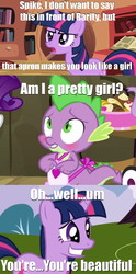 Size: 569x1149 | Tagged: safe, edit, edited screencap, screencap, rarity, spike, twilight sparkle, pony, unicorn, series:spikebob scalepants, dragon quest, friendship is magic, g4, apron, blushing, clothes, comic, female, golden oaks library, mare, nervous smile, one krabs trash, reference, screencap comic, spongebob squarepants, unicorn twilight