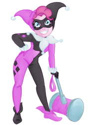 Size: 890x1258 | Tagged: safe, artist:sarcasticleaves, pinkie pie, equestria girls, g4, clothes, clothes swap, cosplay, costume, dc comics, female, grin, hammer, hand on hip, harley quinn, looking at you, pinkie quinn, simple background, smiling, solo, transparent background