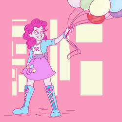 Size: 2480x2484 | Tagged: dead source, safe, artist:sarcasticleaves, pinkie pie, human, equestria girls, g4, abstract background, balloon, boots, clothes, cute, female, grin, happy, high res, jacket, shirt, shoes, skirt, smiling, solo, wristband
