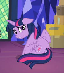 Size: 587x670 | Tagged: safe, screencap, twilight sparkle, alicorn, pony, g4, the last problem, cropped, cute, female, floppy ears, looking back, mare, sad, sad face, sadorable, sitting, solo, spread wings, twiabetes, twilight sparkle (alicorn), wings