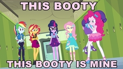 Size: 1920x1080 | Tagged: safe, edit, edited screencap, screencap, fluttershy, pinkie pie, rainbow dash, rarity, sci-twi, sunset shimmer, twilight sparkle, equestria girls, equestria girls specials, g4, my little pony equestria girls: better together, my little pony equestria girls: holidays unwrapped, butt touch, caption, clothes, female, hand on butt, image macro, rearity, text