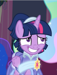 Size: 712x941 | Tagged: safe, screencap, twilight sparkle, alicorn, pony, g4, the last problem, adorkable, awkward smile, clothes, coronation dress, cropped, cute, dork, dress, female, gown, nervous, offscreen character, second coronation dress, sheepish grin, smiling, solo focus, twilight sparkle (alicorn)
