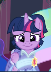 Size: 346x484 | Tagged: safe, screencap, twilight sparkle, alicorn, pony, g4, the last problem, clothes, coronation dress, cropped, cute, dress, female, folded wings, gown, looking at you, mare, offscreen character, second coronation dress, smiling, solo focus, twiabetes, twilight sparkle (alicorn), wings