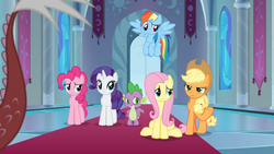 Size: 1366x768 | Tagged: safe, screencap, applejack, discord, pinkie pie, rainbow dash, rarity, spike, draconequus, dragon, earth pony, pegasus, pony, g4, the ending of the end, banner, carpet, door, stained glass, throne room, winged spike, wings