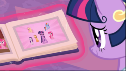 Size: 1669x940 | Tagged: safe, screencap, applejack, fluttershy, pinkie pie, rainbow dash, rarity, twilight sparkle, alicorn, earth pony, pegasus, pony, unicorn, g4, the last problem, book, cropped, female, levitation, magic, mane six, mare, memories, photo, smiling, solo, telekinesis, twilight sparkle (alicorn)