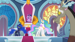 Size: 1366x768 | Tagged: safe, screencap, discord, princess celestia, princess luna, twilight sparkle, alicorn, pony, g4, the ending of the end, curtains, disbelief, sad, stained glass, stairs, throne, throne room, twilight sparkle (alicorn)