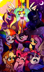 Size: 3700x6000 | Tagged: safe, artist:forgottenrabbit28blr, applejack, fluttershy, pinkie pie, princess cadance, princess celestia, princess luna, rainbow dash, rarity, twilight sparkle, alicorn, bird, duck, earth pony, pegasus, pony, unicorn, g4, season 9, the last problem, absurd resolution, alicorn tetrarchy, alternate hairstyle, bags under eyes, candy, clothes, cloud, confetti, cowboy hat, crown, day, end of ponies, food, granny smith's shawl, grey hair, hat, jewelry, laughing, lollipop, looking down, looking up, mane six, moon, night, older, older applejack, older fluttershy, older mane six, older pinkie pie, older rainbow dash, older rarity, older twilight, older twilight sparkle (alicorn), princess twilight 2.0, rainbow, regalia, shawl, smiling, sparkles, spoiler, spread wings, stars, stetson, sun, twilight sparkle (alicorn), wings
