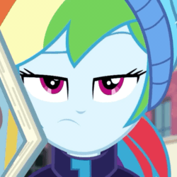 Size: 720x720 | Tagged: safe, screencap, rainbow dash, blizzard or bust, equestria girls, equestria girls series, g4, holidays unwrapped, spoiler:eqg series (season 2), animated, beautiful, cropped, female, gif, looking at you, rainbow dash is not amused, solo, unamused