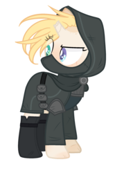 Size: 1279x1926 | Tagged: safe, artist:fireeyesgirl, oc, oc only, oc:dirty bits, pony, unicorn, bandana, belt, boots, broken horn, cloak, clothes, eye scar, fantasy class, female, freckles, heterochromia, hood, horn, mare, pouch, robe, rogue, scar, shoes, simple background, solo, transparent background