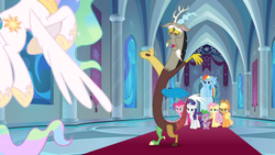 Size: 1366x768 | Tagged: safe, screencap, applejack, discord, fluttershy, pinkie pie, princess celestia, rainbow dash, rarity, spike, dragon, g4, the ending of the end, banner, carpet, door, sad, stained glass, winged spike, wings