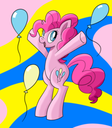 Size: 1600x1824 | Tagged: safe, artist:notadeliciouspotato, pinkie pie, earth pony, pony, g4, abstract background, balloon, bipedal, female, mare, smiling, solo