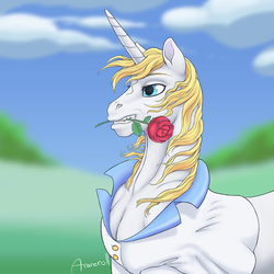 Size: 1000x1000 | Tagged: safe, artist:arareroll, prince blueblood, pony, unicorn, g4, clothes, curved horn, flower, flower in mouth, horn, male, mouth hold, rose, rose in mouth, solo, stallion