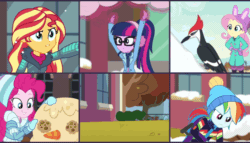 Size: 960x550 | Tagged: safe, screencap, applejack, fluttershy, pinkie pie, rainbow dash, rarity, sci-twi, sunset shimmer, twilight sparkle, woodpecker, blizzard or bust, equestria girls, equestria girls specials, g4, my little pony equestria girls: better together, my little pony equestria girls: holidays unwrapped, animated, clothes, female, humane five, humane seven, humane six, magic, snowman, telekinesis, winter outfit