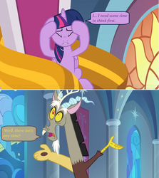 Size: 1366x1528 | Tagged: safe, edit, edited screencap, screencap, discord, twilight sparkle, alicorn, pony, g4, the ending of the end, banner, comic, dialogue, screencap comic, speech bubble, stained glass, throne, twilight sparkle (alicorn)