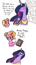Size: 676x1200 | Tagged: safe, artist:jargon scott, luster dawn, twilight sparkle, alicorn, pony, unicorn, g4, the last problem, bags under eyes, book, bookshelf, boomer, boomer humor, comic, dialogue, eyes closed, female, frown, funny, glowing horn, hoof hold, horn, horrified, levitation, magic, mare, millennial luster dawn, older, older twilight, older twilight sparkle (alicorn), onomatopoeia, open mouth, peytral, poking, princess twilight 2.0, raised eyebrow, simple background, smiling, telekinesis, text, twilight sparkle (alicorn), what has science done, white background, wide eyes, zoomer