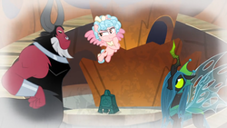 Size: 1366x768 | Tagged: safe, screencap, cozy glow, lord tirek, queen chrysalis, alicorn, pony, g4, the ending of the end, alicornified, bell, belly, bracer, cozycorn, flashback, flying, grogar's bell, race swap
