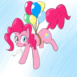 Size: 1024x1024 | Tagged: safe, artist:zokoira, pinkie pie, earth pony, pony, g4, balloon, cute, diapinkes, female, floating, mare, open mouth, solo, then watch her balloons lift her up to the sky