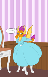 Size: 1250x2000 | Tagged: safe, artist:runningtoaster, smolder, dragon, anthro, comic:smoulder up, g4, breasts, cartoon physics, chair, cleavage, clothes, commission, dialogue, dragoness, dress, female, growth, lizard breasts, mirror, princess smolder, puffy sleeves, samantha goldenwing, self inflation, solo, thought bubble, transformation