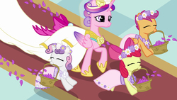 Size: 1920x1080 | Tagged: safe, artist:jerrickvolson, apple bloom, princess cadance, scootaloo, sweetie belle, alicorn, earth pony, pegasus, pony, unicorn, a canterlot wedding, g4, basket, bride, clothes, cute, cutie mark crusaders, dress, eyes closed, female, filly, flower, flower basket, flower filly, flower girl, flower girl dress, mare, marriage, mouth hold, scene interpretation, wedding, wedding dress, wedding veil