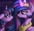 Size: 2798x2519 | Tagged: safe, artist:celsian, twilight sparkle, alicorn, pony, unicorn, g4, the last problem, ascension enhancement, crown, ear fluff, end of ponies, female, floppy ears, flowing mane, glowing horn, happy birthday mlp:fim, high res, horn, jewelry, looking at each other, magic, magic aura, mare, mlp fim's ninth anniversary, older, older twilight, older twilight sparkle (alicorn), princess twilight 2.0, regalia, self ponidox, signature, smiling, telekinesis, then and now, twilight sparkle (alicorn), unicorn twilight