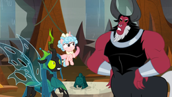 Size: 1366x768 | Tagged: safe, screencap, cozy glow, lord tirek, queen chrysalis, alicorn, centaur, changeling, changeling queen, pony, g4, season 9, the ending of the end, alicornified, bracer, cave, cavern, cozycorn, evil smile, female, filly, flying, frown, grin, gritted teeth, grogar's bell, hand on hip, hoof on chest, legion of doom, male, mean three, nose piercing, nose ring, piercing, race swap, septum piercing, sinister, smiling, trio, ultimate chrysalis