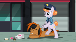 Size: 5209x2930 | Tagged: safe, artist:tsabak, copper top, oc, oc:mo, earth pony, pony, g4, arrested, bipedal, donut, female, food, gun, handgun, mare, pistol, stealing, stop right there criminal scum, this will end in jail time, vector