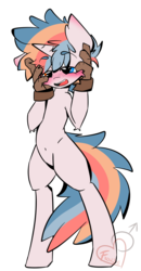 Size: 2500x4800 | Tagged: safe, artist:frowfrow, oc, oc:dr.miles, pony, unicorn, semi-anthro, artificial hands, belly button, bipedal, blushing, heterochromia, solo