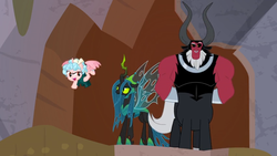 Size: 1366x768 | Tagged: safe, screencap, cozy glow, lord tirek, queen chrysalis, alicorn, pony, g4, the ending of the end, alicornified, bracer, cave, cozycorn, grogar's bell, nose piercing, nose ring, piercing, race swap, septum piercing