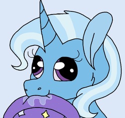 Size: 666x630 | Tagged: safe, artist:pyrixii, trixie, pony, unicorn, g4, clothes, derp, drool, eqdbot, female, hat, mare, mouth hold, nom, silly, silly pony, solo, trixie's hat