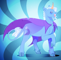 Size: 872x866 | Tagged: safe, artist:kittysplinters, trixie, classical unicorn, pony, unicorn, g4, abstract background, cape, clothes, cloven hooves, female, horn, leonine tail, mare, raised hoof, solo, unshorn fetlocks
