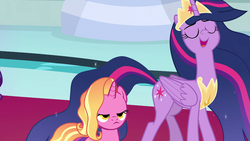 Size: 1920x1080 | Tagged: safe, screencap, luster dawn, twilight sparkle, alicorn, pony, unicorn, g4, the last problem, luster dawn is not amused, meme template, mid-blink screencap, older, older twilight, older twilight sparkle (alicorn), princess twilight 2.0, twilight 2.0's reminiscences, twilight sparkle (alicorn), unamused
