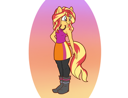 Size: 1300x1000 | Tagged: safe, artist:heir-of-rick, sunset shimmer, anthro, plantigrade anthro, g4, alternative cutie mark placement, clothes, cute, female, gradient background, shimmerbetes, shoulder cutie mark, simple background, smiling, solo, white background
