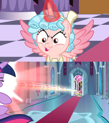 Size: 1362x1532 | Tagged: safe, edit, edited screencap, screencap, cozy glow, twilight sparkle, alicorn, pony, g4, the ending of the end, alicornified, attack, banner, blast, bow, carpet, checkered floor, comic, cozycorn, crescent moon, head shot, magic, magic blast, moon, pony pile, pure concentrated unfiltered evil of the utmost potency, pure unfiltered evil, race swap, royal guard, screencap comic, spread wings, stained glass, tail bow, throne room, twilight sparkle (alicorn)