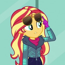 Size: 1024x1024 | Tagged: safe, screencap, sunset shimmer, equestria girls, equestria girls specials, g4, my little pony equestria girls: better together, my little pony equestria girls: holidays unwrapped, clothes, cropped, female, solo, sunglasses, winter outfit