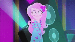 Size: 1920x1080 | Tagged: safe, edit, edited screencap, editor:someguy845, screencap, sound edit, fluttershy, equestria girls, g4, my little pony equestria girls: choose your own ending, the last drop, the last drop: fluttershy, :|, animated, blushing, clothes, cute, dancing, dress, female, flower, flower in hair, geode of fauna, light, magical geodes, music, nervous, shyabetes, solo, sound, speaker, stage, stage fright, webm