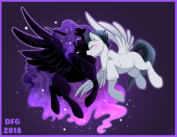Size: 7765x5994 | Tagged: safe, artist:dragonfoxgirl, rumble, oc, oc:nyx, alicorn, pegasus, pony, g4, absurd resolution, blushing, canon x oc, chest fluff, eyes closed, female, floppy ears, flying, male, mare, nuzzling, older, older rumble, smiling, spread wings, stallion, straight, wings