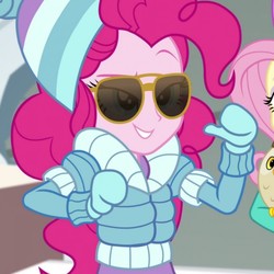 Size: 1024x1024 | Tagged: safe, screencap, fluttershy, pinkie pie, equestria girls, equestria girls series, g4, holidays unwrapped, spoiler:eqg series (season 2), clothes, cropped, female, solo focus, sunglasses, winter outfit