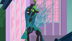 Size: 1366x768 | Tagged: safe, screencap, queen chrysalis, pony, g4, the ending of the end, evil grin, female, flying, grin, smiling, solo, window